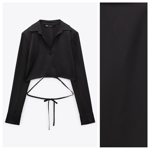 NWT. Zara Black Satin Long Sleeves Collared Cropped Shirt with Ties. Size S. - Picture 4 of 8